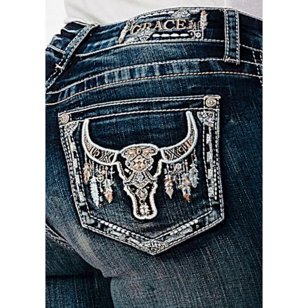 Grace In La Jeans 26 Steer Cow Head Midrise Bootcut Embroidery 34"Long NEW